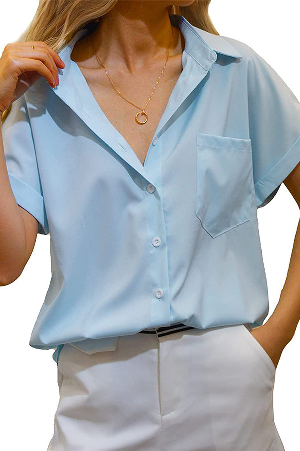 Women's Short-sleeved T-shirt V-neck Button-up Blouse
