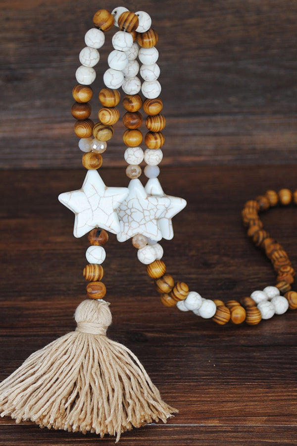 Chaîne de pull à pompons en perles de bois faite à la main - Étoiles marron