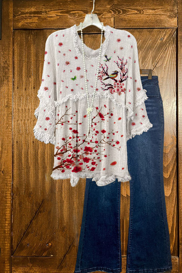 T-shirt à manches trois-quarts effiloché à empiècements tendance