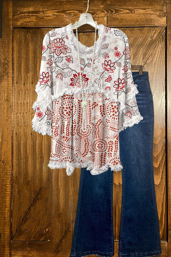 T-shirt à manches trois-quarts effiloché à empiècements tendance