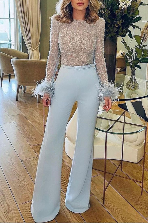 Combinaison élégante à col ras du cou et jambes larges pour femme, couleur unie, paillettes, perles et plumes