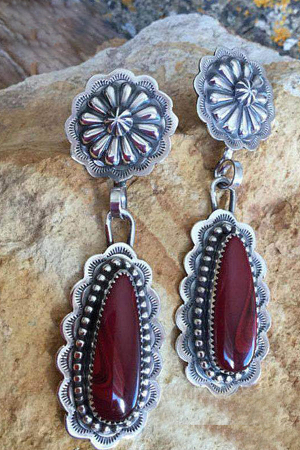 Vintage Inlaid Long Drop Shape Ruby Earrings