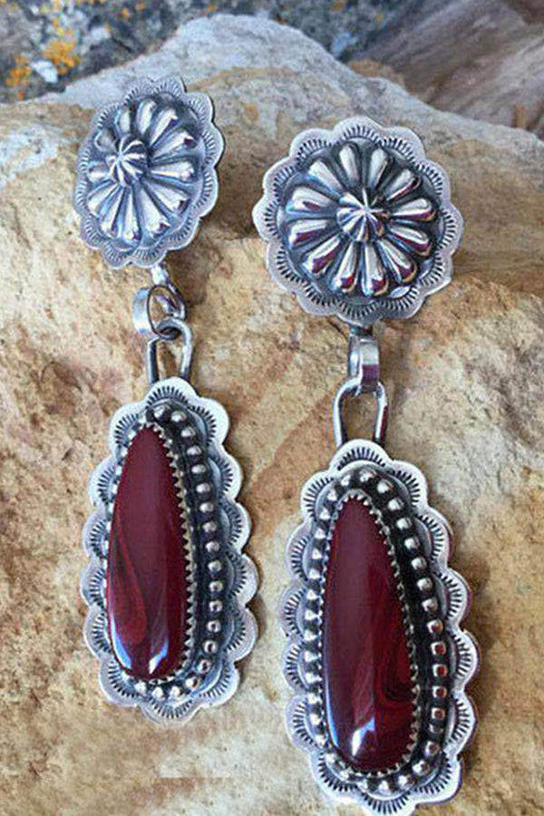 Vintage Inlaid Long Drop Shape Ruby Earrings