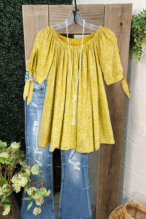 Loose Printed Pleated Knotted T-shirt