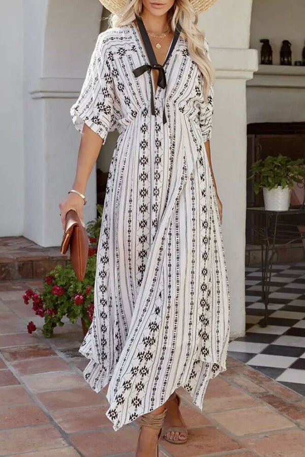Neu Damen Kleid Bohemian V-ausschnitt Kurzarm Langen Rock