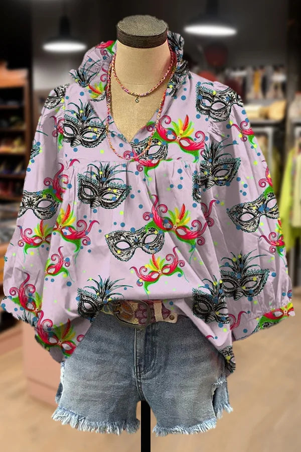 Mixed Mardi Gras Print Ruffle V-Neck Bubble Sleeve Top