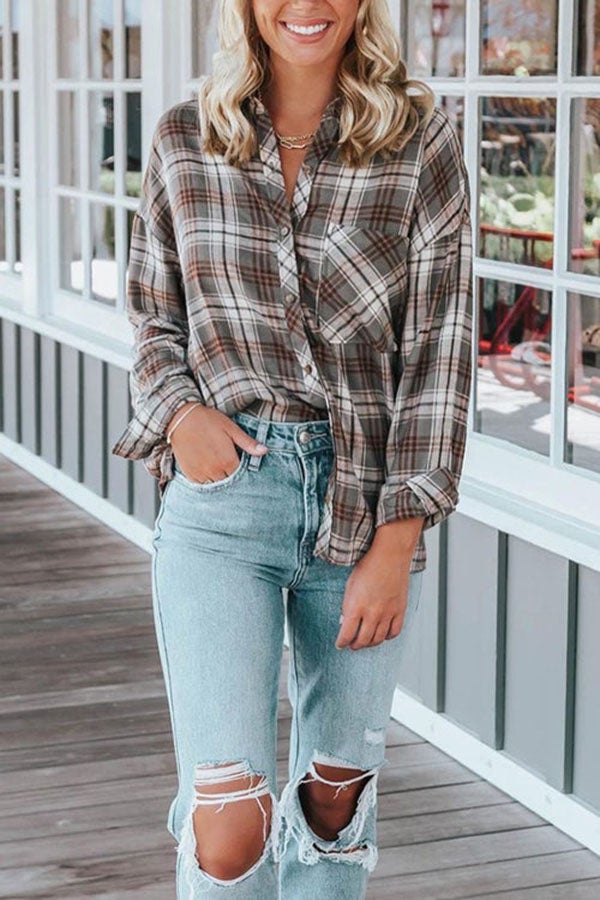 Chemises à simple boutonnage à imprimé treillis tendance