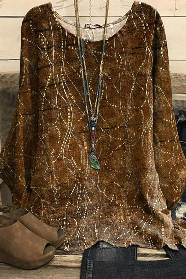 T-shirt à manches longues et col rond en soie imprimé numérique 3D pour femme