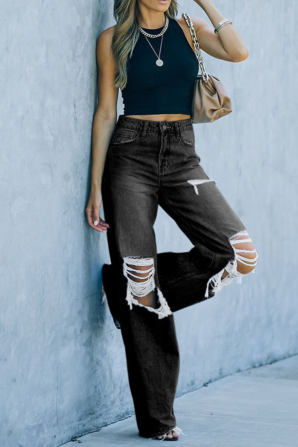 Neue lässige Jeanshose mit weitem Bein und Löchern