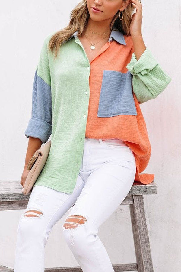 Chemise à manches longues et épaules tombantes à empiècements contrastés