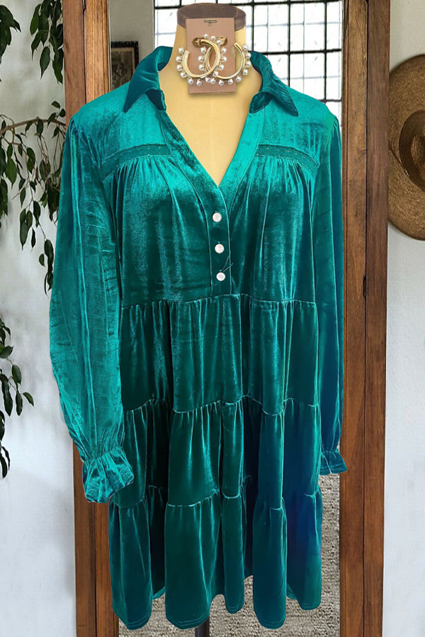 Elegant Velvet Paneled Buttoned Midi Dress