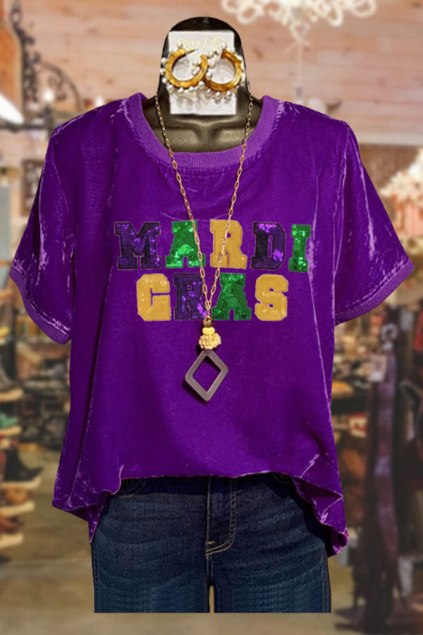 Mardi Gras Sequined Casual Velvet Top