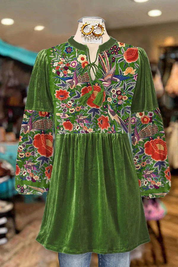 Haut à manches bouffantes plissées en velours à panneaux imprimés vintage