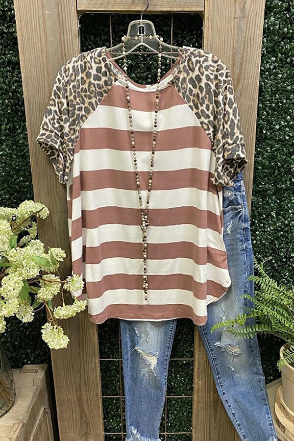 Women's Leopard Short Sleeve Stripe Patchwork Crew Neck T-shirt