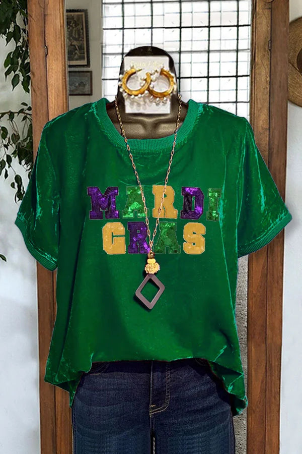 Mardi Gras Sequined Casual Velvet Top