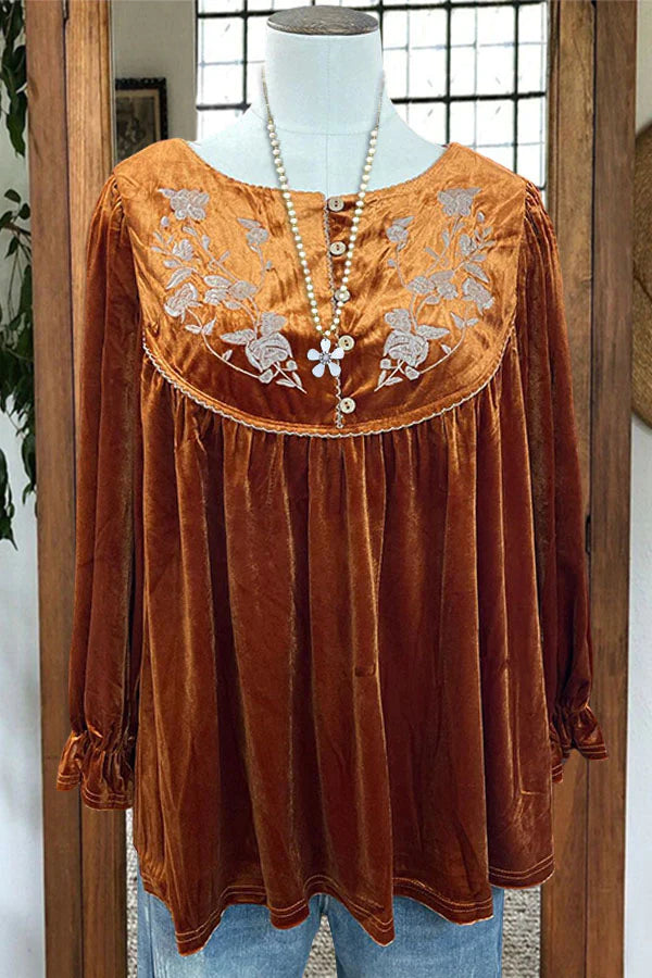 Floral Embroidered Button Velvet Top