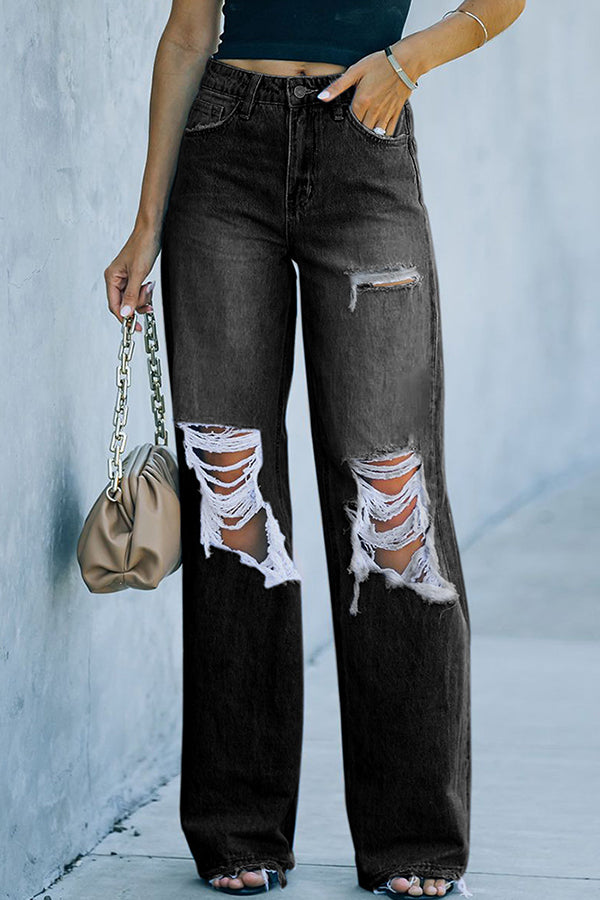 Neue lässige Jeanshose mit weitem Bein und Löchern