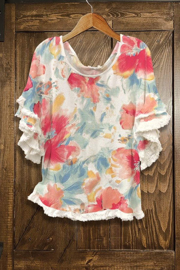 Casual Frayed Print Ruffle Sleeve Top