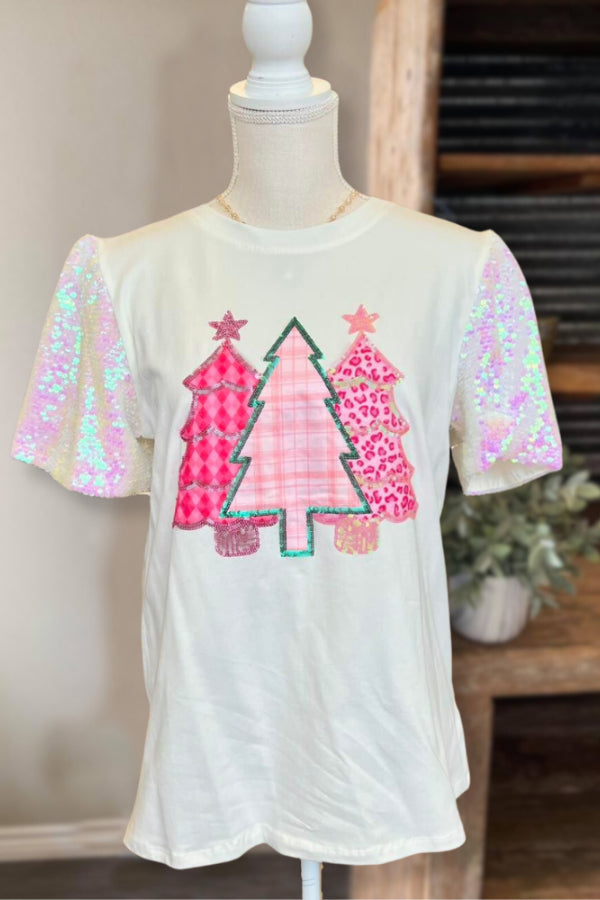 Christmas Tree Print+Sequins Sleeve Tee