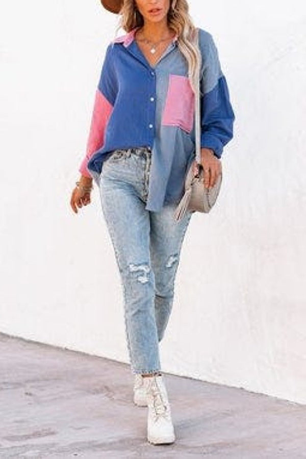 Chemise à manches longues et épaules tombantes à empiècements contrastés