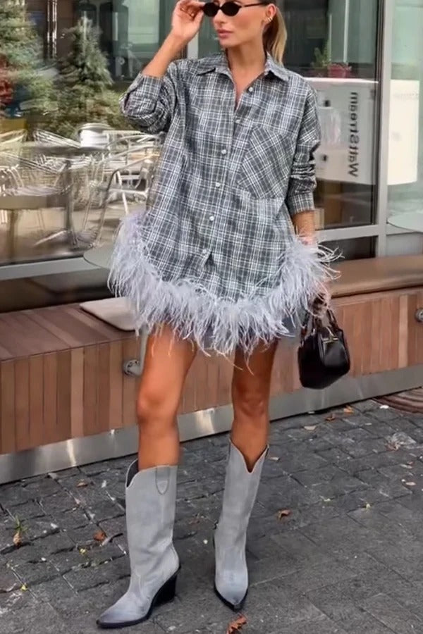 Dylan Plaid Print Long Sleeve Feather Trim Hem Pocket H-line Loose Blouse