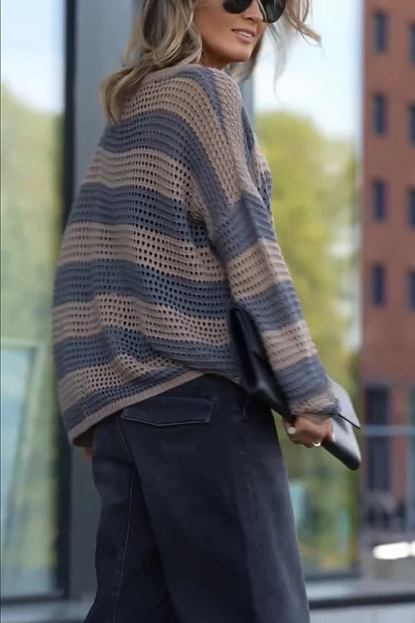 Stylish Knit Color-blocked Stripes Cutout Wide Neck Long Sleeve Relaxed Sweater