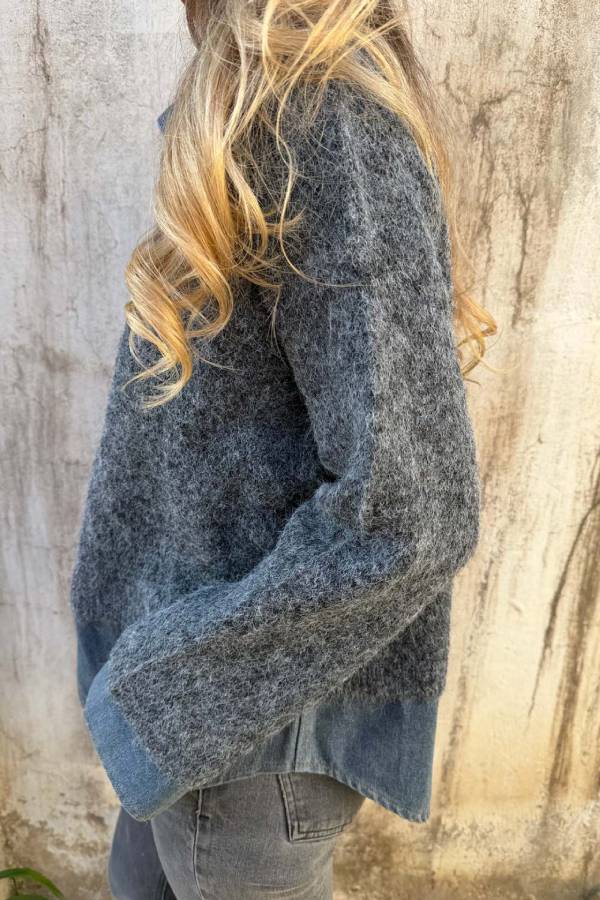 Denim Spliced Half Zip Faux-Not Two Piece Fluffy Sweater
