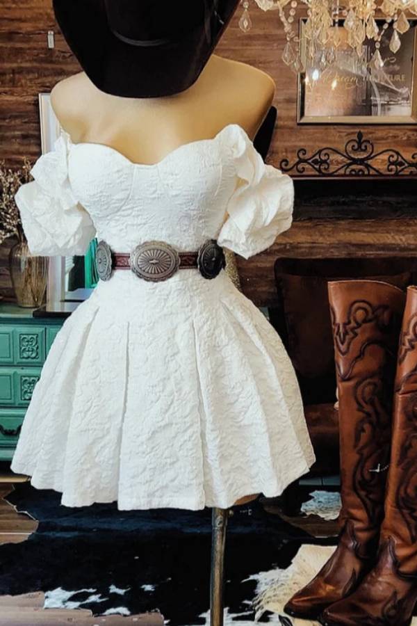 Multi-Color Jacquard Western Style Off-the-Shoulder Puff Sleeve Corset Mini Dress