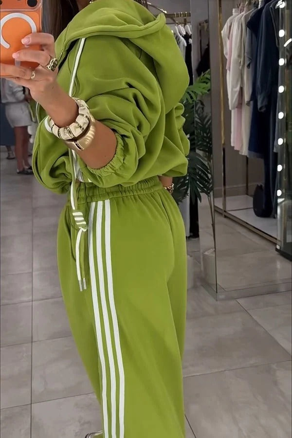 Fashionable Sporty Color-blocked Stripes Zip-up Hooded Sweatshirt and Elastic Waist Pocket Pants Set