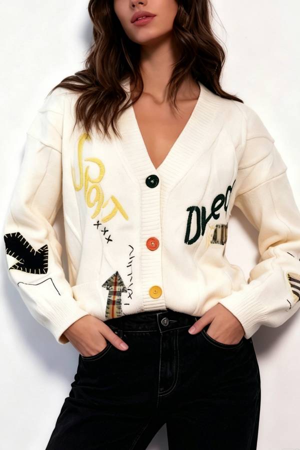 Vintage Embroidered Patchwork Cable‑Knit Cardigan With Color Buttons