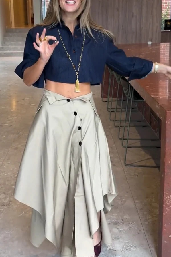 Deconstructivist Tailoring High Rise Asymmetrical Button and Unique Collar Waist A-line Midi Skirt