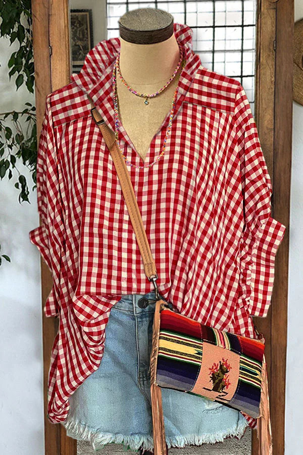 Casual Plaid V-neck Pleated Puff Sleeve Top