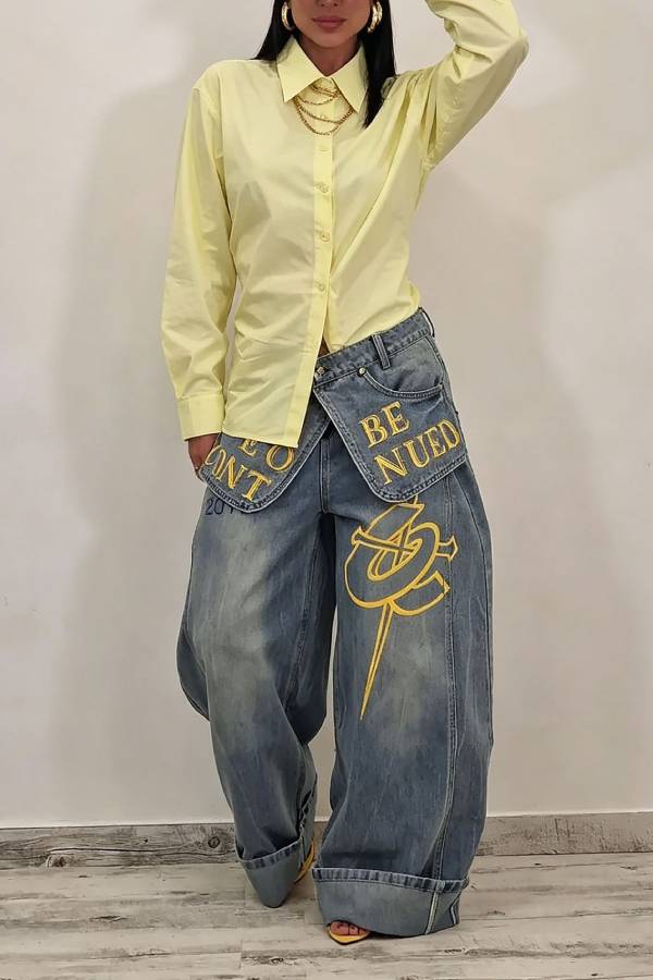 Trendy Letter‑Embroidered Fake Waistband Wide‑Leg Jeans