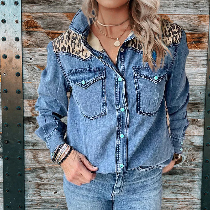 Leopard-print Panel Denim Top