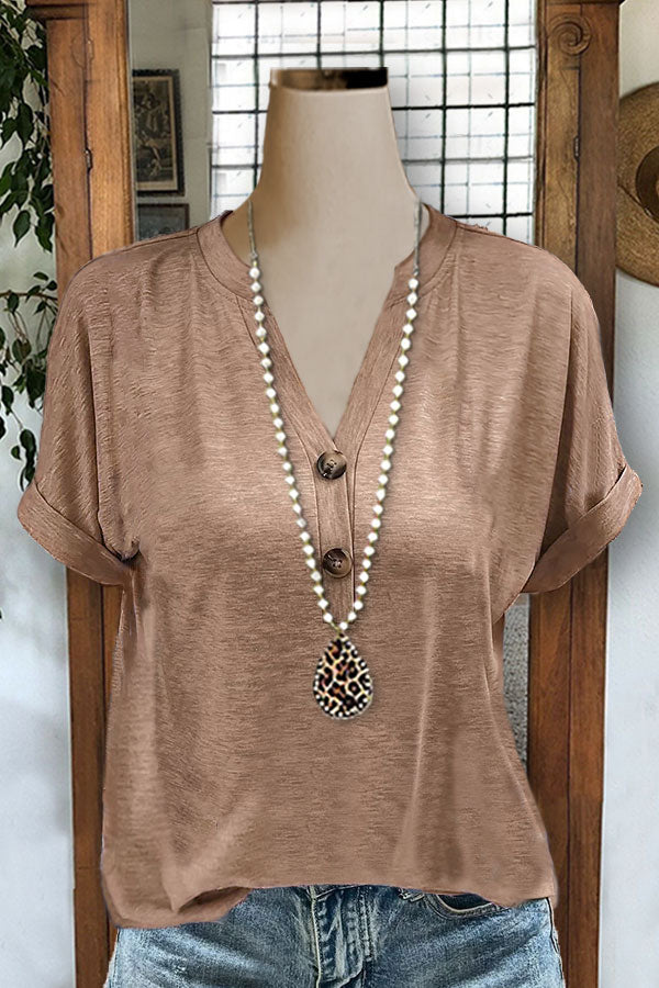 Cotton Solid Color Button V-neck Top