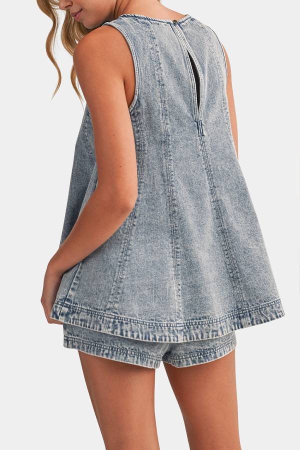 Vintage Wash Sleeveless A-Line Denim Top & Shorts Set