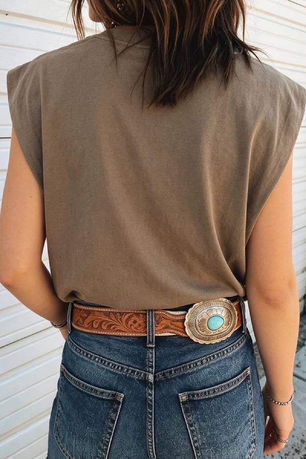 Western Cowboy Rider Print Padded‑Shoulder Sleeveless Tank Top