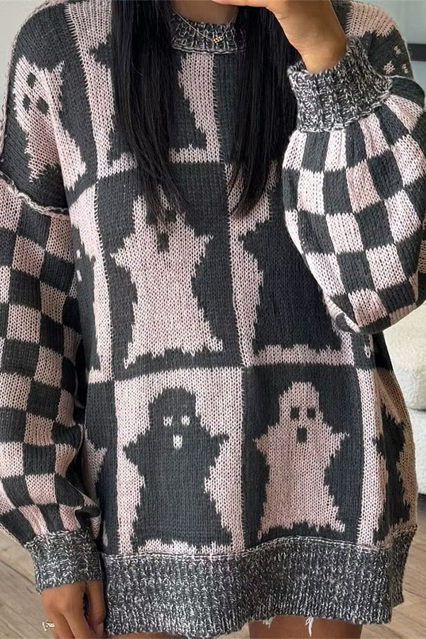 Halloween Ghost & Checkerboard Oversized Knit Sweater