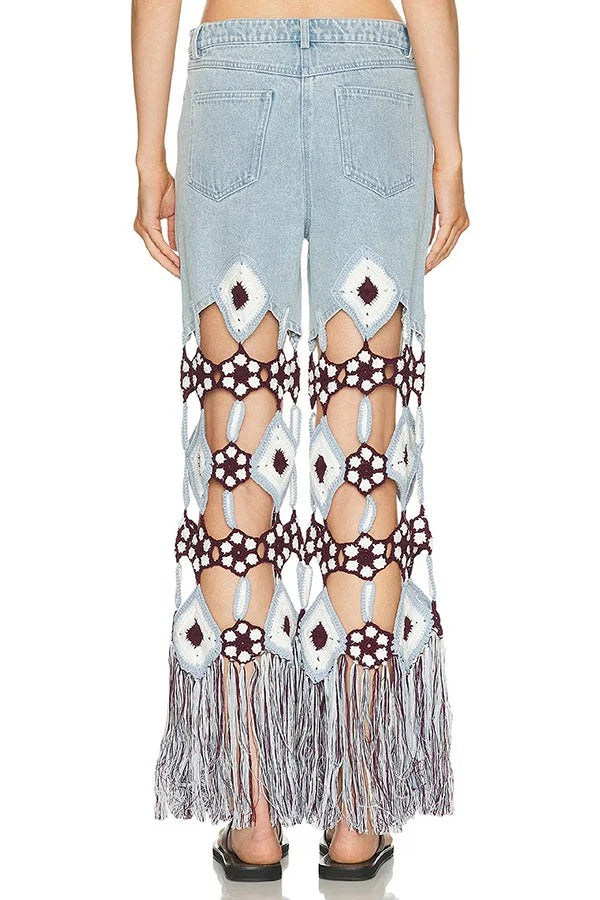 Belma Denim Handmade Embroidered Floral Crochet Detail Tassel Hem Pocket Jeans