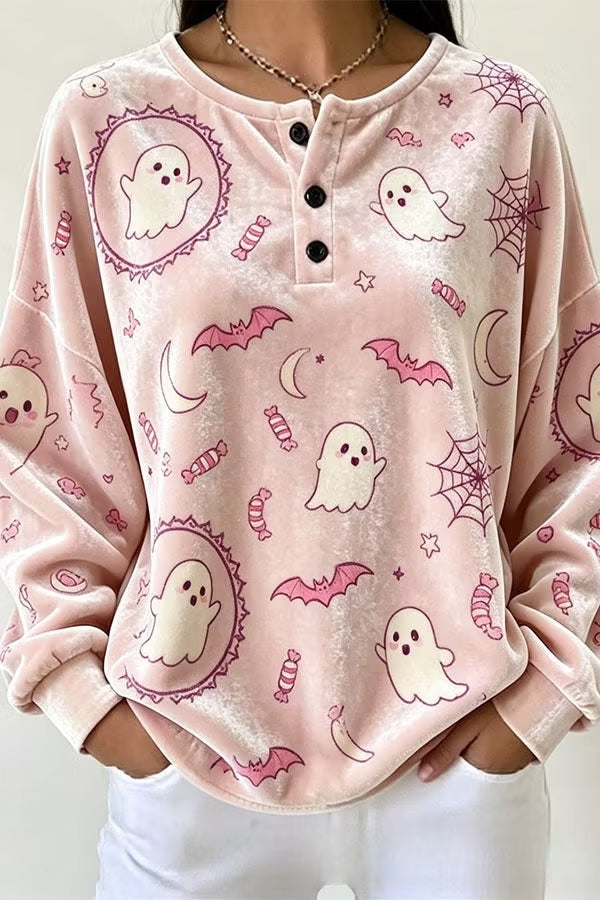Spooky Season Velvet Long Sleeve Halloween Shirt with Buttons