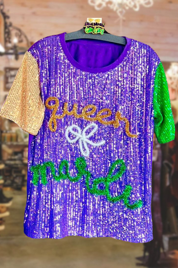 Queen Of Mardi Color Block Sequin T-shirt