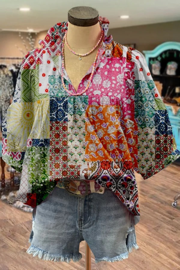 Vintage Print V-Neck Puff Sleeve Top