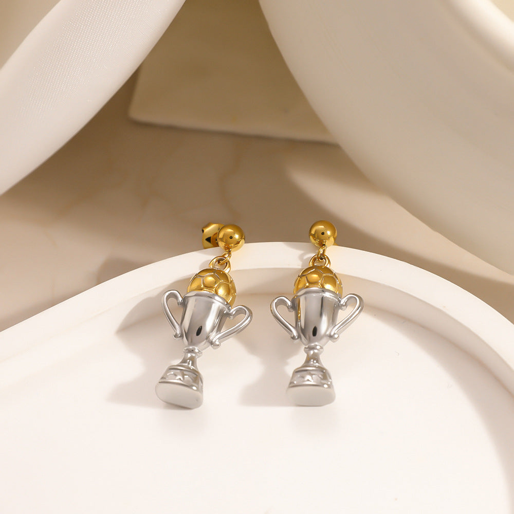 World Cup Trophy Football Two-Tone Stainless Steel Drop Earrings