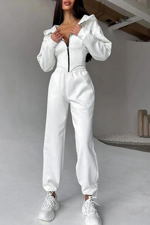 Solid Color Waist Corset Hooded Sweatshirt Jacket and Elastic Waist Athletic Jogger Pants Set