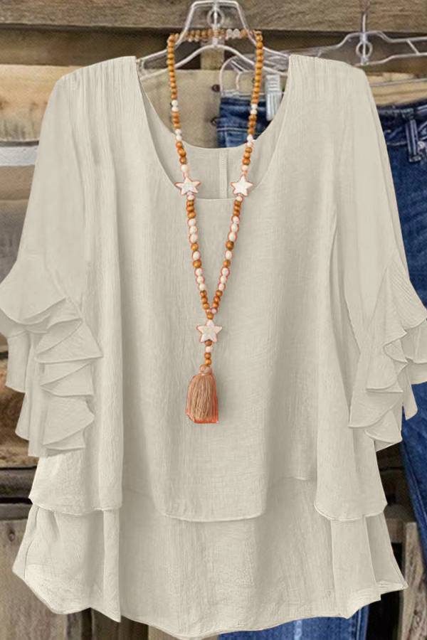 U-Neck Multi Ruffle Loose Cotton Linen Casual Top