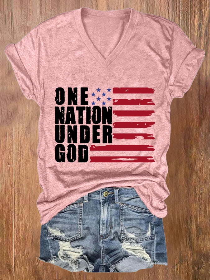 Women's One Nation Under God Print Casual V Neck T-shirt