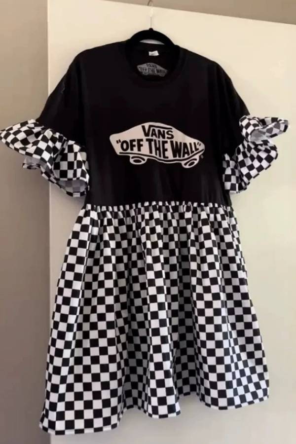 Upcycled Vans Checkerboard Ruffle Sleeve Dress