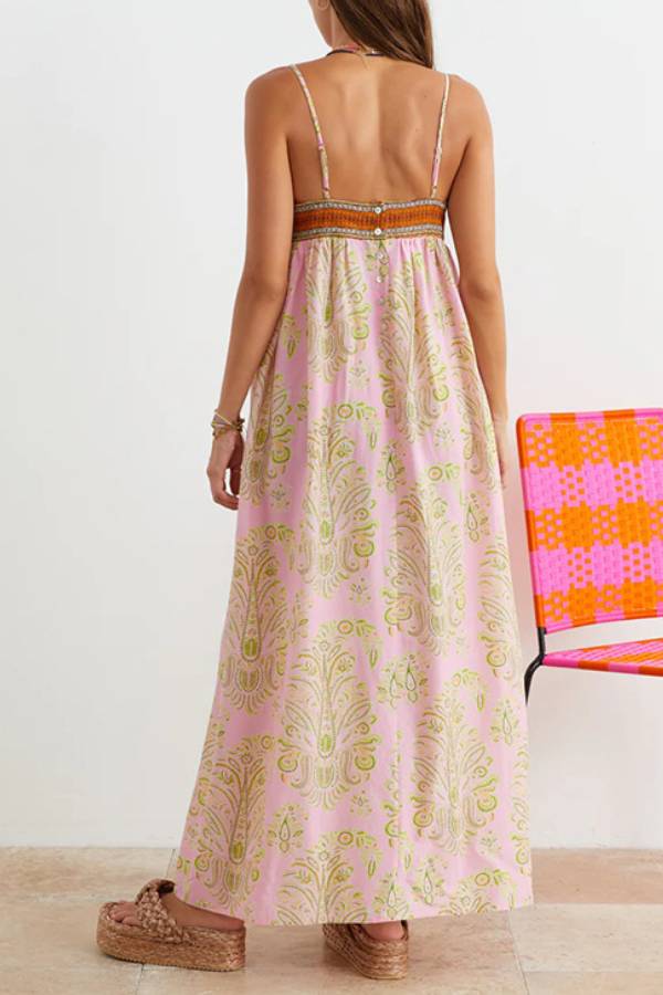 Boho Paisley Print Smocked Bandeau Spaghetti Strap High Waist Maxi Dress
