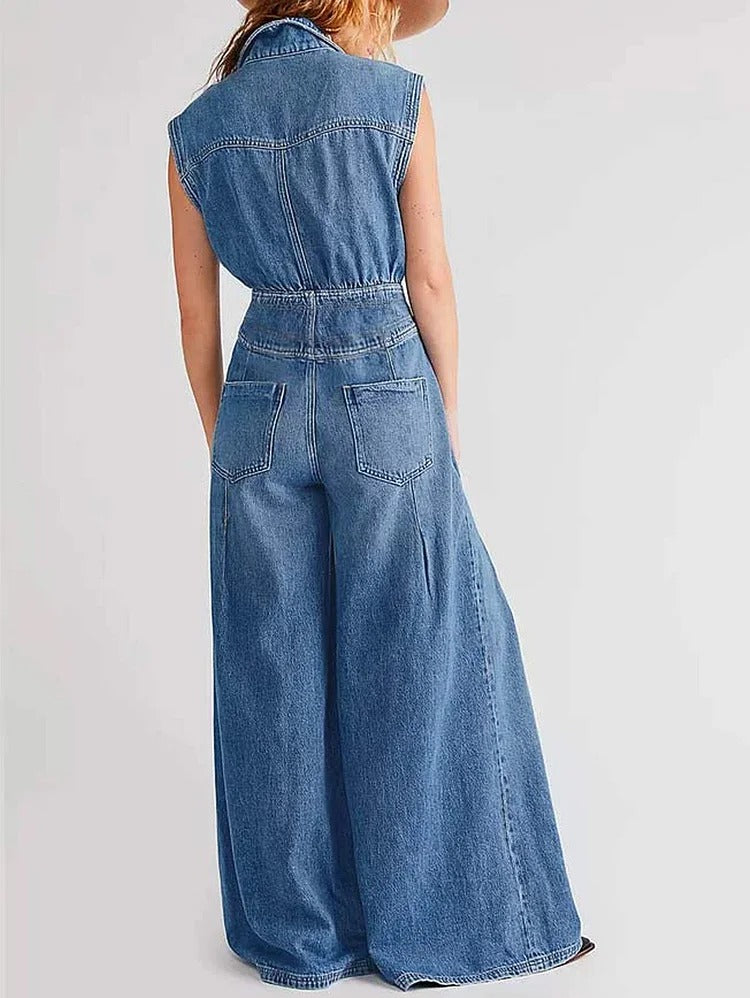 Casual Plain Lapel Collar Cap Sleeve Wide Leg Denim Jumpsuit