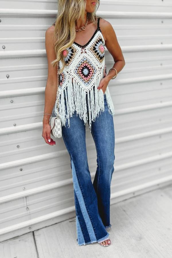 Boho Crochet Fringe V Neck Cami Tank Top